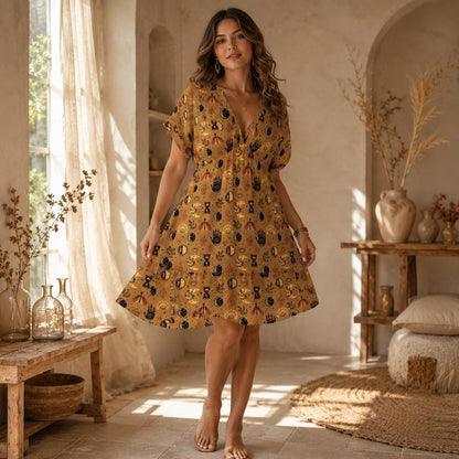 Mustard Mystic Symbol Mini Dress, Moon Phase Hand Print Babydoll Outfit