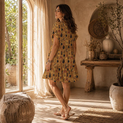 Mustard Mystic Symbol Mini Dress, Moon Phase Hand Print Babydoll Outfit