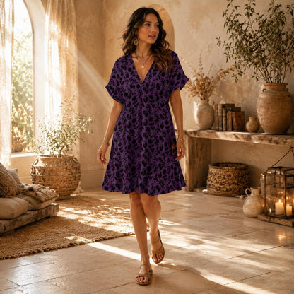 Purple Gothic Dress with Black Damask Print, Dark Academia Babydoll Mini, Romantic V Neck Fall Outfit