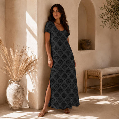 Gothic Maxi Dress, Dark Academia Damask Gown, Charcoal Side Slit Dress