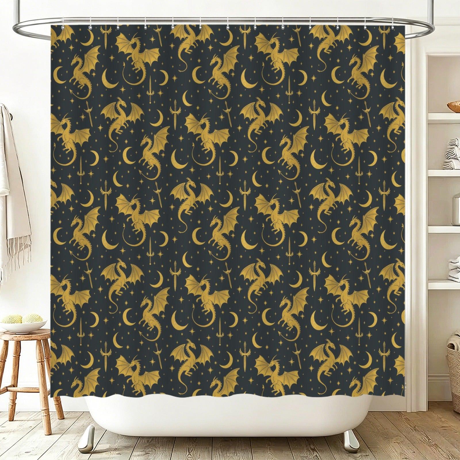 Gold Dragon Celestial Shower Curtain, Moon Star Sword Print Bathroom Decor
