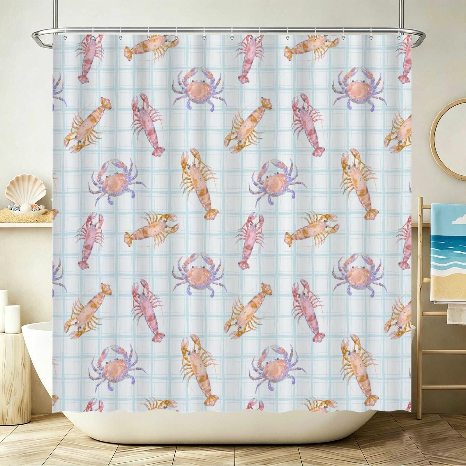 Lobster Crab Shower Curtain, Watercolor Shellfish Bath Decor, Coastal Blue Plaid Bathroom Accent