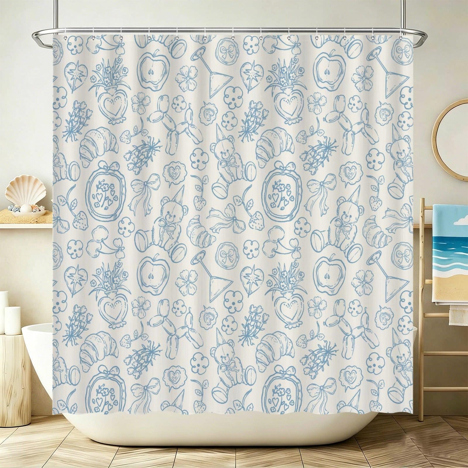 Blue Doodle Shower Curtain, Whimsical Line Art, Cottagecore Bath Decor
