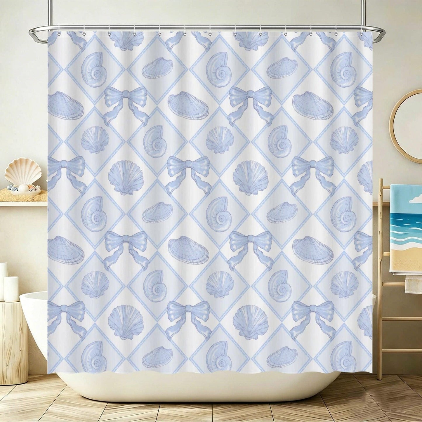 Blue Seashell Bow Shower Curtain, Coastal Beach Cottage Bath Decor