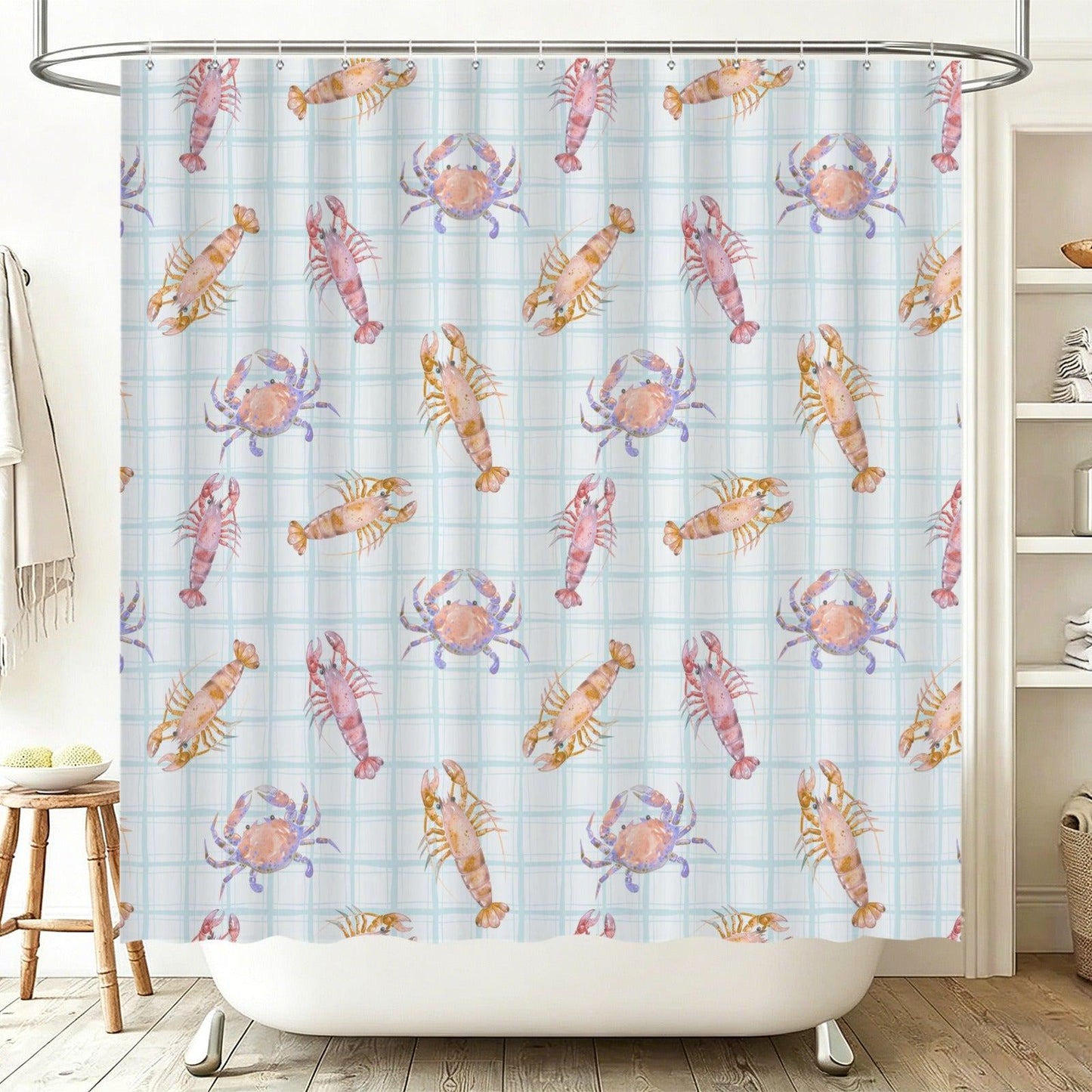 Lobster Crab Shower Curtain, Watercolor Shellfish Bath Decor, Coastal Blue Plaid Bathroom Accent