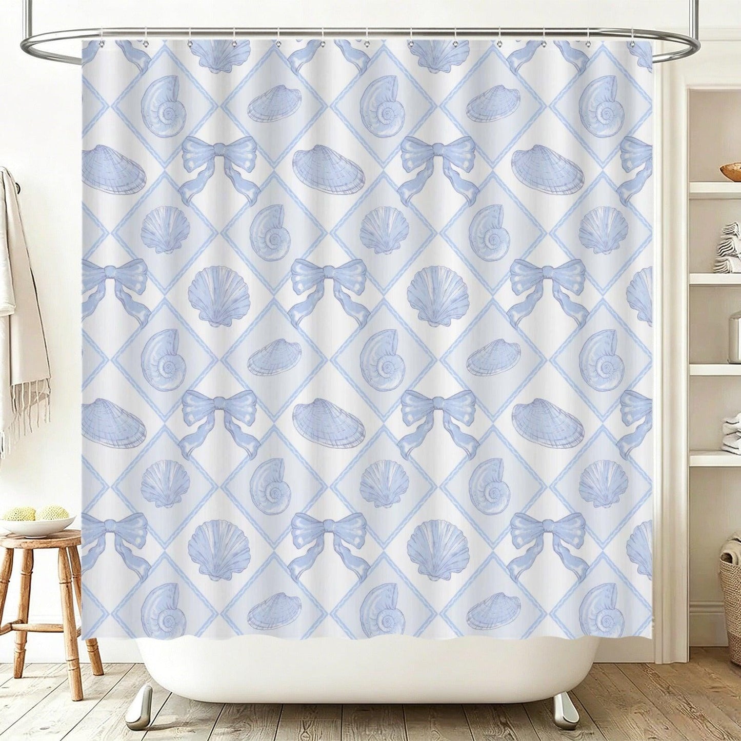 Blue Seashell Bow Shower Curtain, Coastal Beach Cottage Bath Decor