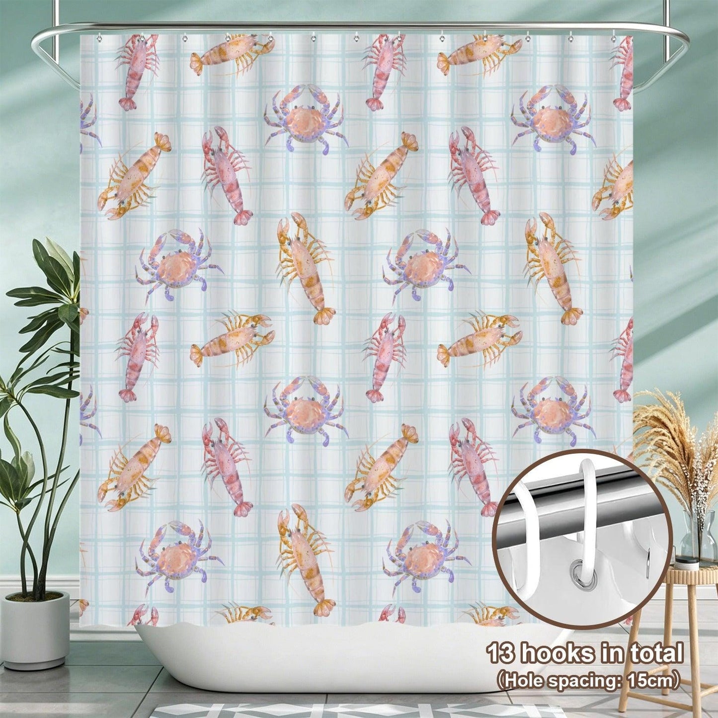 Lobster Crab Shower Curtain, Watercolor Shellfish Bath Decor, Coastal Blue Plaid Bathroom Accent