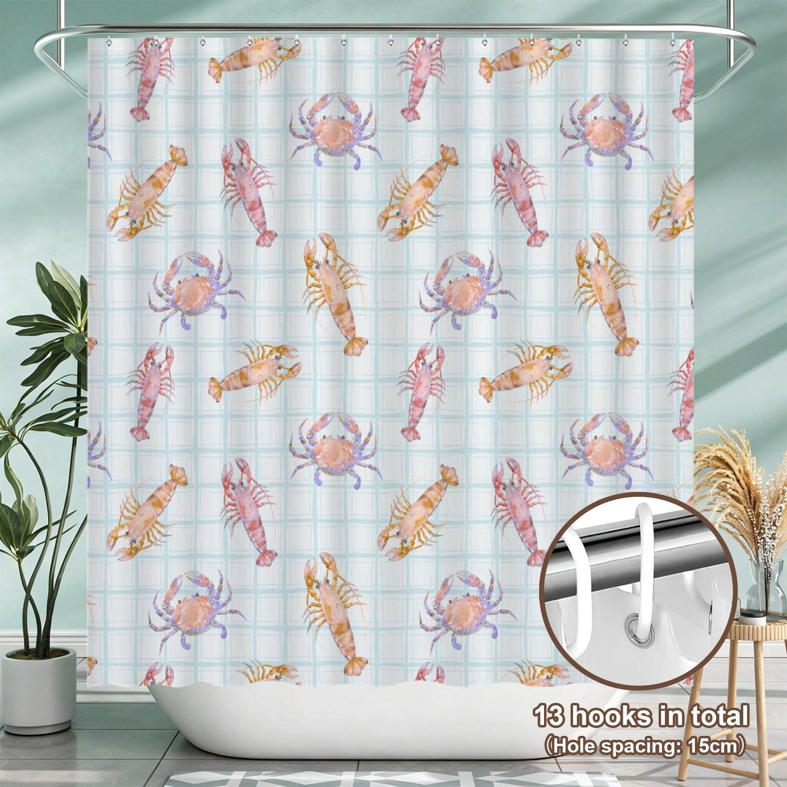 Lobster Crab Shower Curtain, Watercolor Shellfish Bath Decor, Coastal Blue Plaid Bathroom Accent