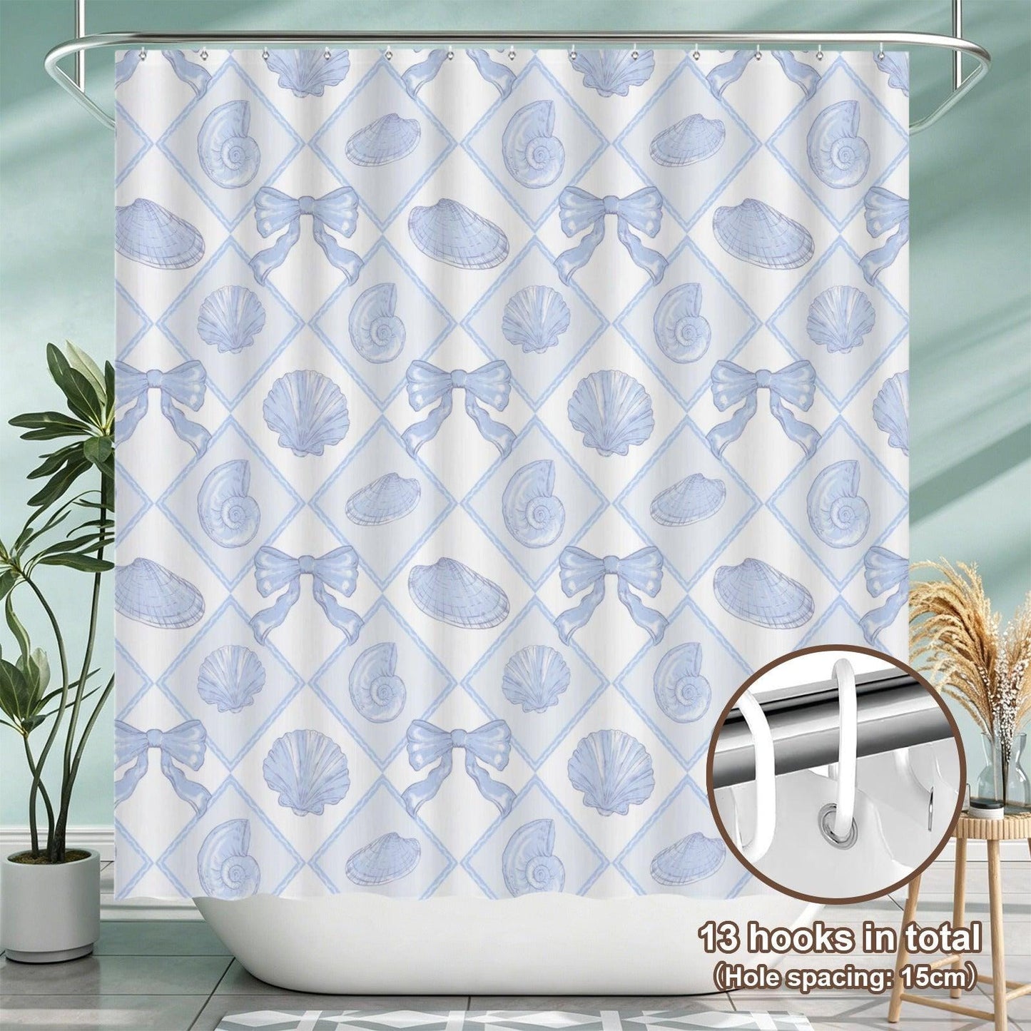 Blue Seashell Bow Shower Curtain, Coastal Beach Cottage Bath Decor