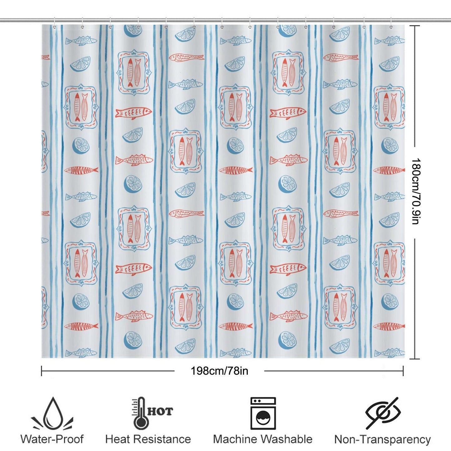 Mediterranean Fish Shower Curtain, Blue Stripe Lemon Bathroom Decor, Coastal Bath Panel