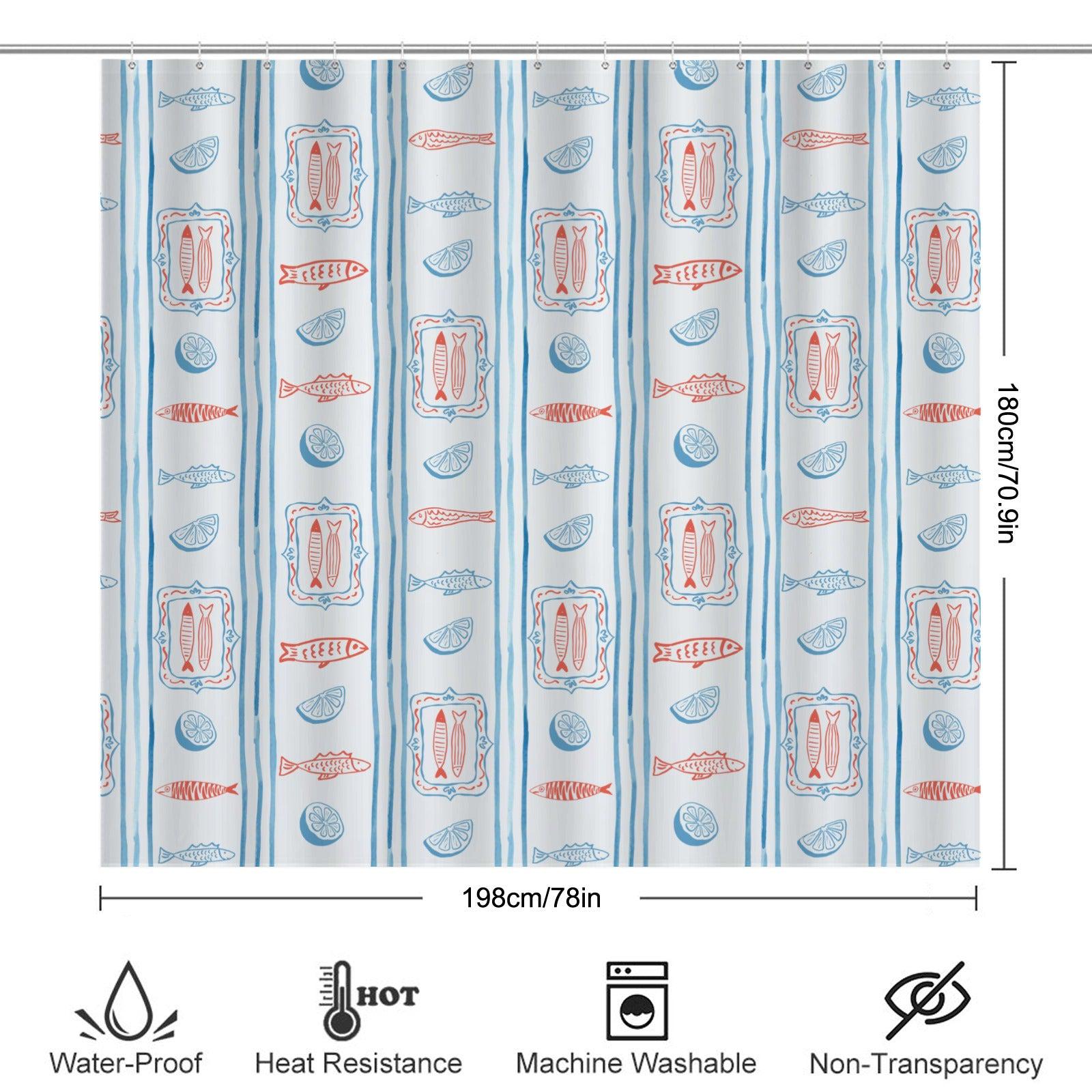 Mediterranean Fish Shower Curtain, Blue Stripe Lemon Bathroom Decor, Coastal Bath Panel