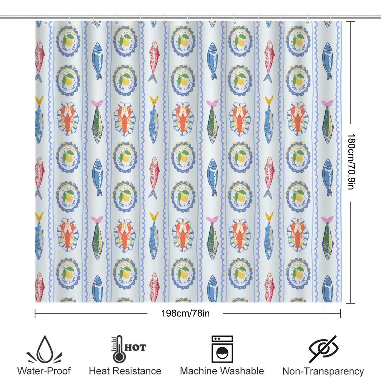 Lemon Lobster Shower Curtain, Italian Riviera Coastal Maximalist Bathroom Decor