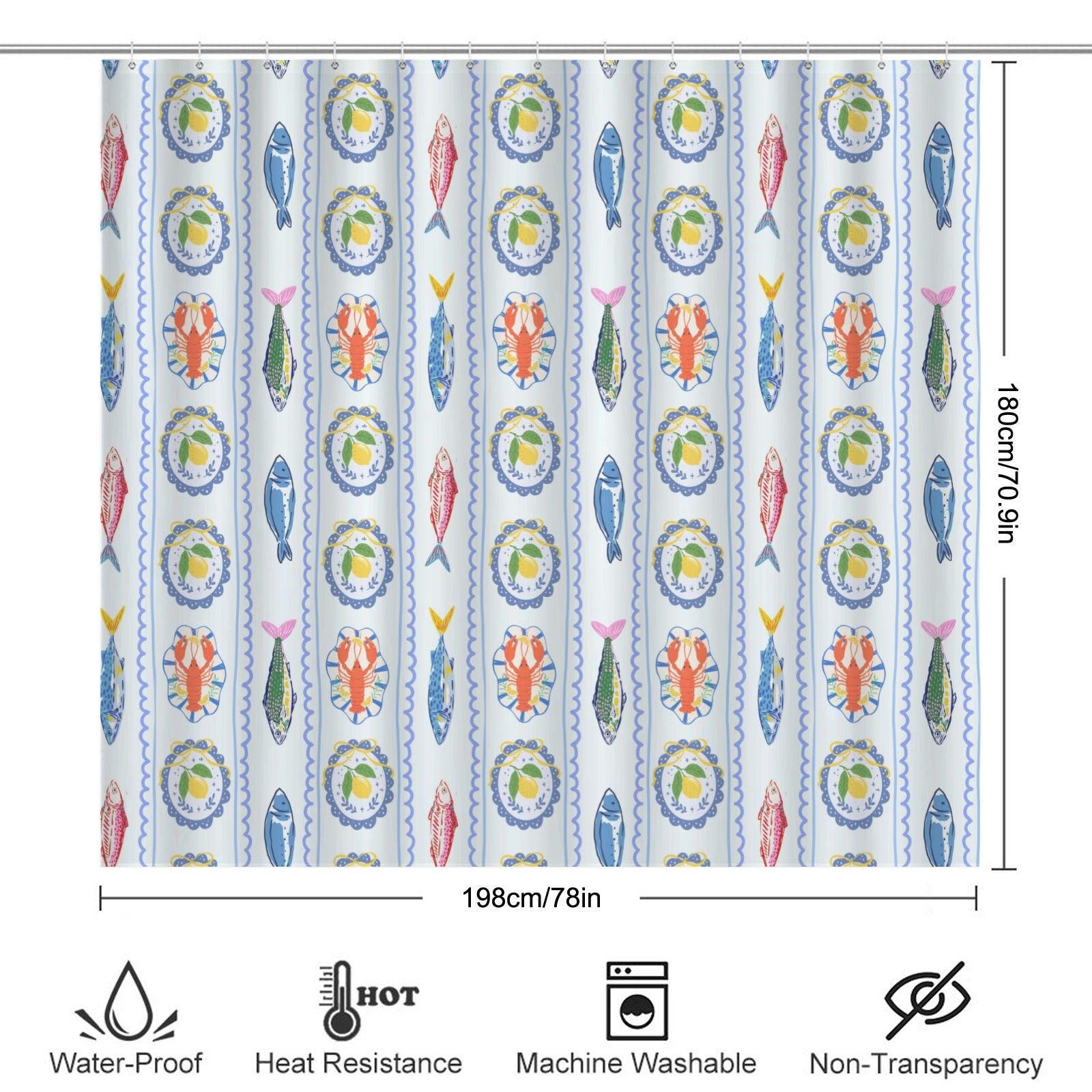 Lemon Lobster Shower Curtain, Italian Riviera Coastal Maximalist Bathroom Decor