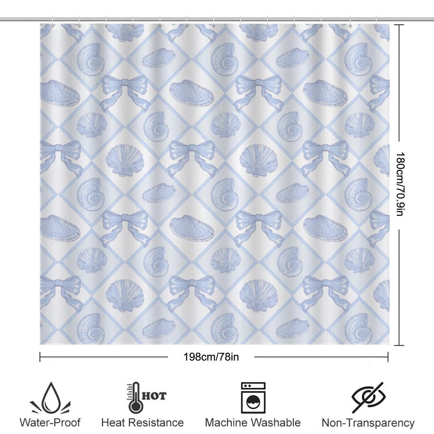 Blue Seashell Bow Shower Curtain, Coastal Beach Cottage Bath Decor