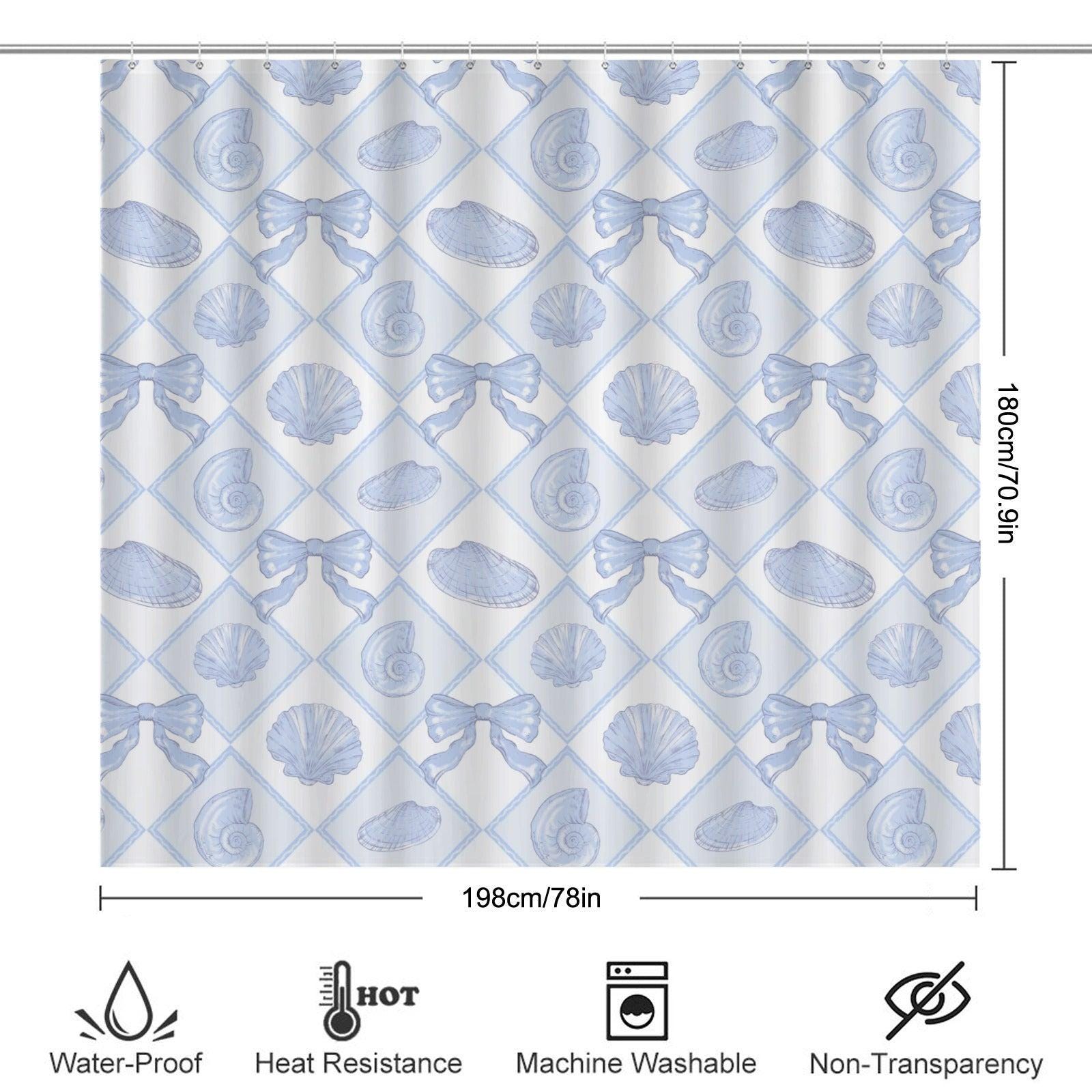 Blue Seashell Bow Shower Curtain, Coastal Beach Cottage Bath Decor