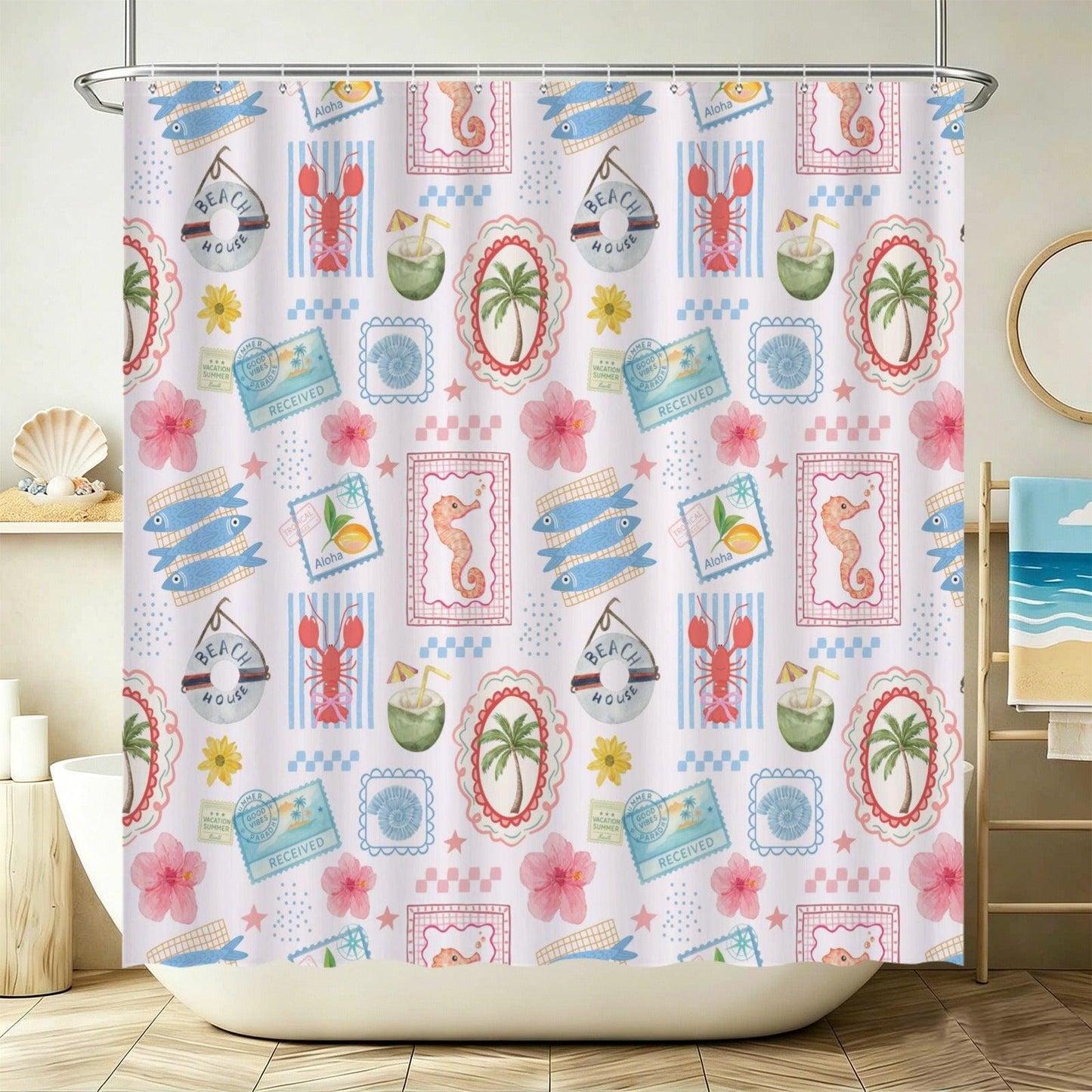 Tropical Beach Shower Curtain, Coastal Vacation Bathroom Decor With Lobster Palm Seahorse, Summer Surf House Bath Curtain