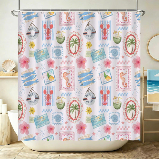Tropical Beach Shower Curtain, Coastal Vacation Bathroom Decor With Lobster Palm Seahorse, Summer Surf House Bath Curtain
