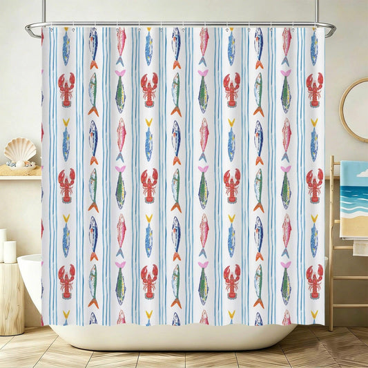 Coastal Fish Shower Curtain, Watercolor Seafood Bathroom Decor, Nautical Stripe Ocean Bath Accent