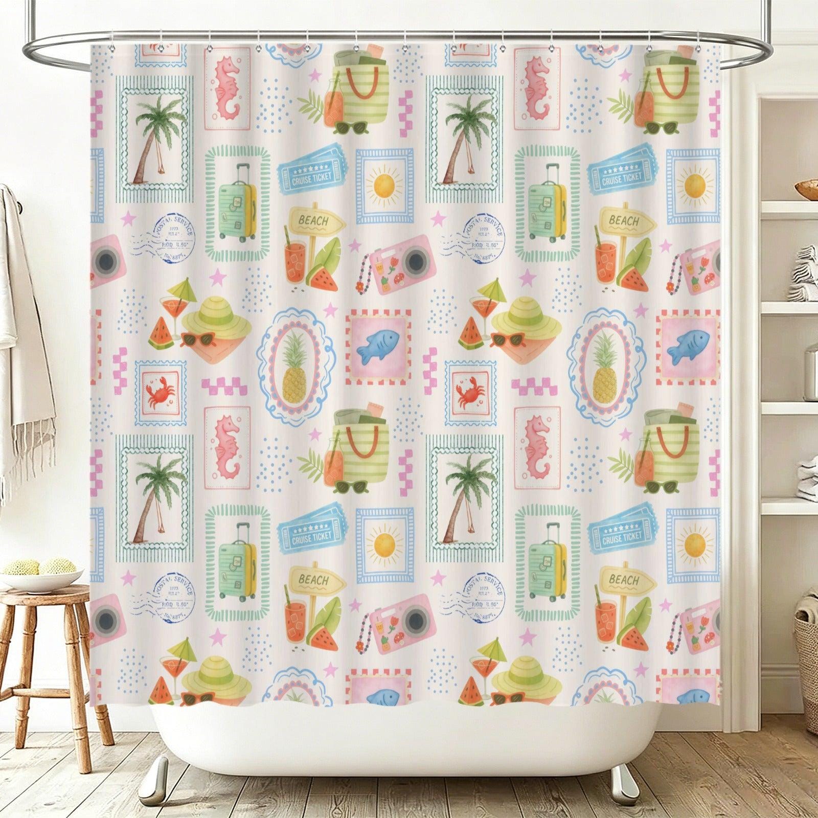 Tropical Vacation Shower Curtain, Beach Scrapbook Print, Palm Tree Cruise Decor