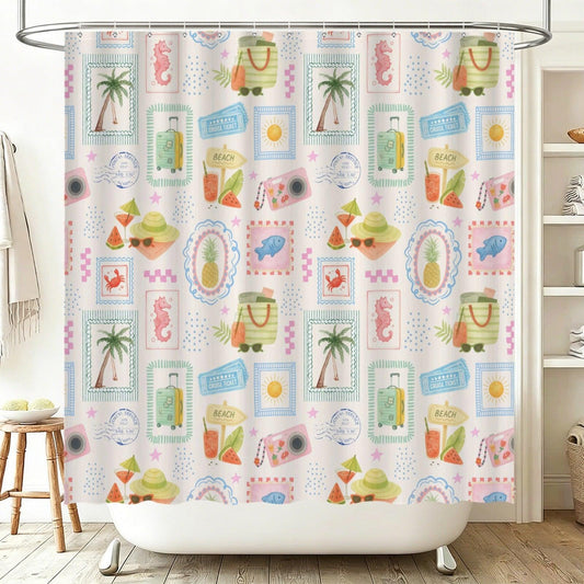 Tropical Vacation Shower Curtain, Beach Scrapbook Print, Palm Tree Cruise Decor