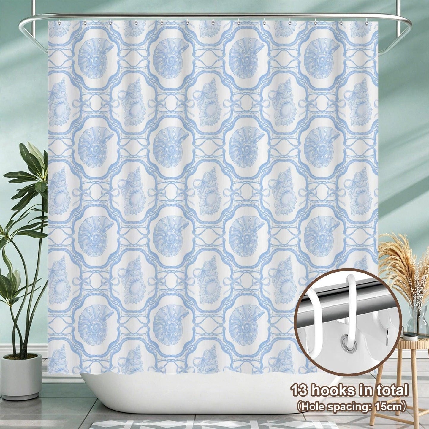 Blue Seashell Shower Curtain, Coastal Lattice Bathroom Decor, Bow Pattern Bath Curtain