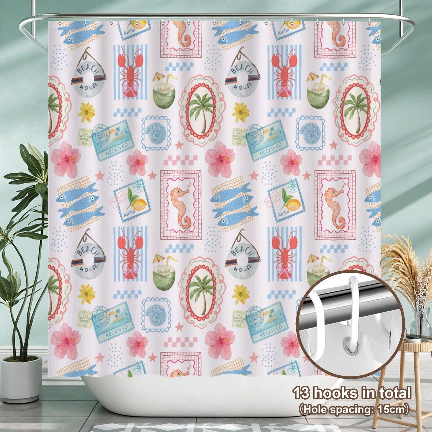 Tropical Beach Shower Curtain, Coastal Vacation Bathroom Decor With Lobster Palm Seahorse, Summer Surf House Bath Curtain