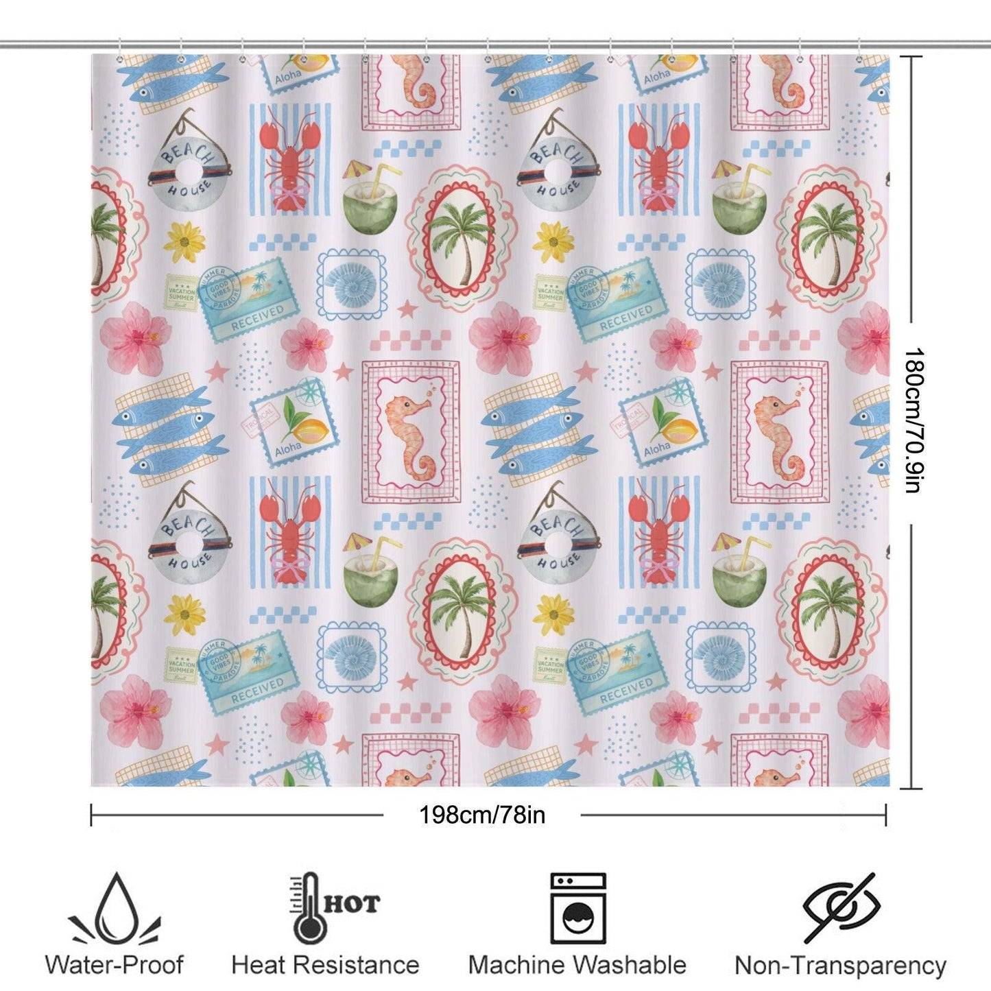 Tropical Beach Shower Curtain, Coastal Vacation Bathroom Decor With Lobster Palm Seahorse, Summer Surf House Bath Curtain