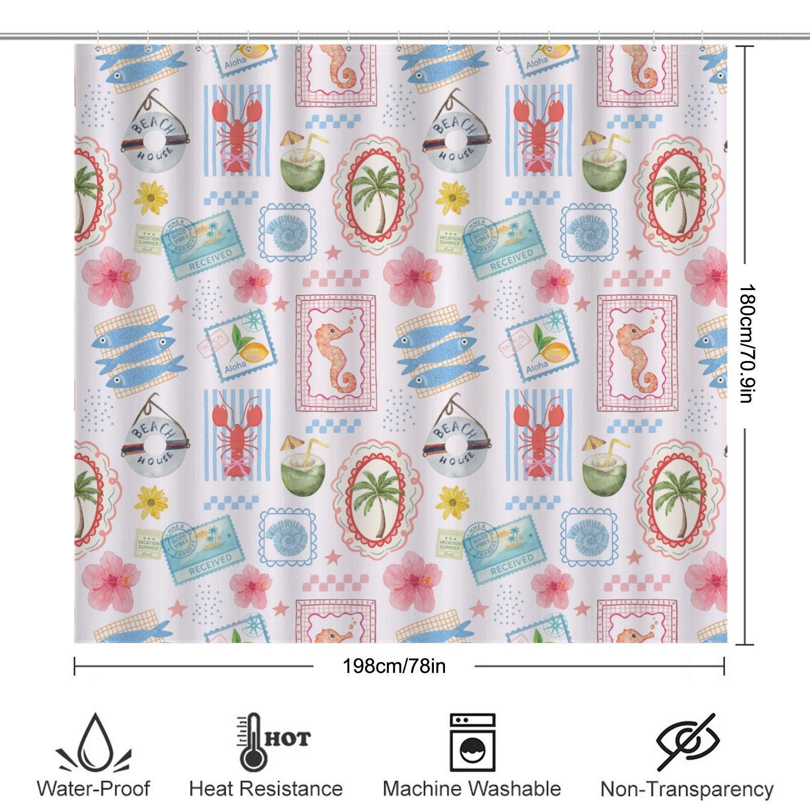Tropical Beach Shower Curtain, Coastal Vacation Bathroom Decor With Lobster Palm Seahorse, Summer Surf House Bath Curtain