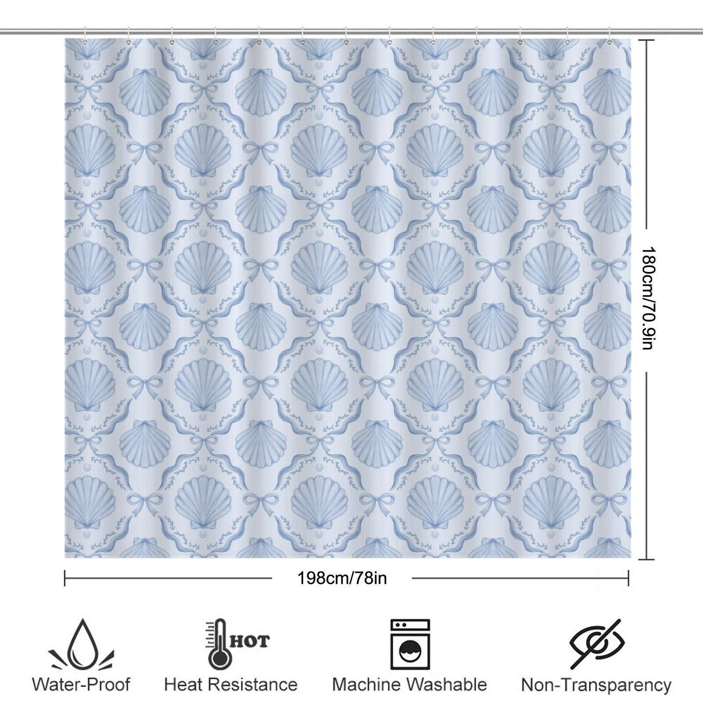 Coastal Seashell Shower Curtain, Blue Bow Bathroom Decor, Beach Cottage Bath Curtain