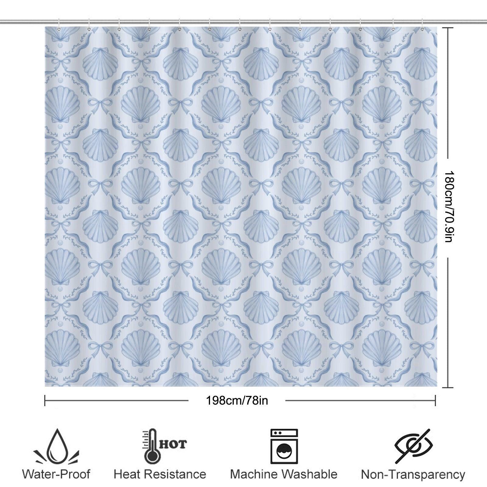 Coastal Seashell Shower Curtain, Blue Bow Bathroom Decor, Beach Cottage Bath Curtain