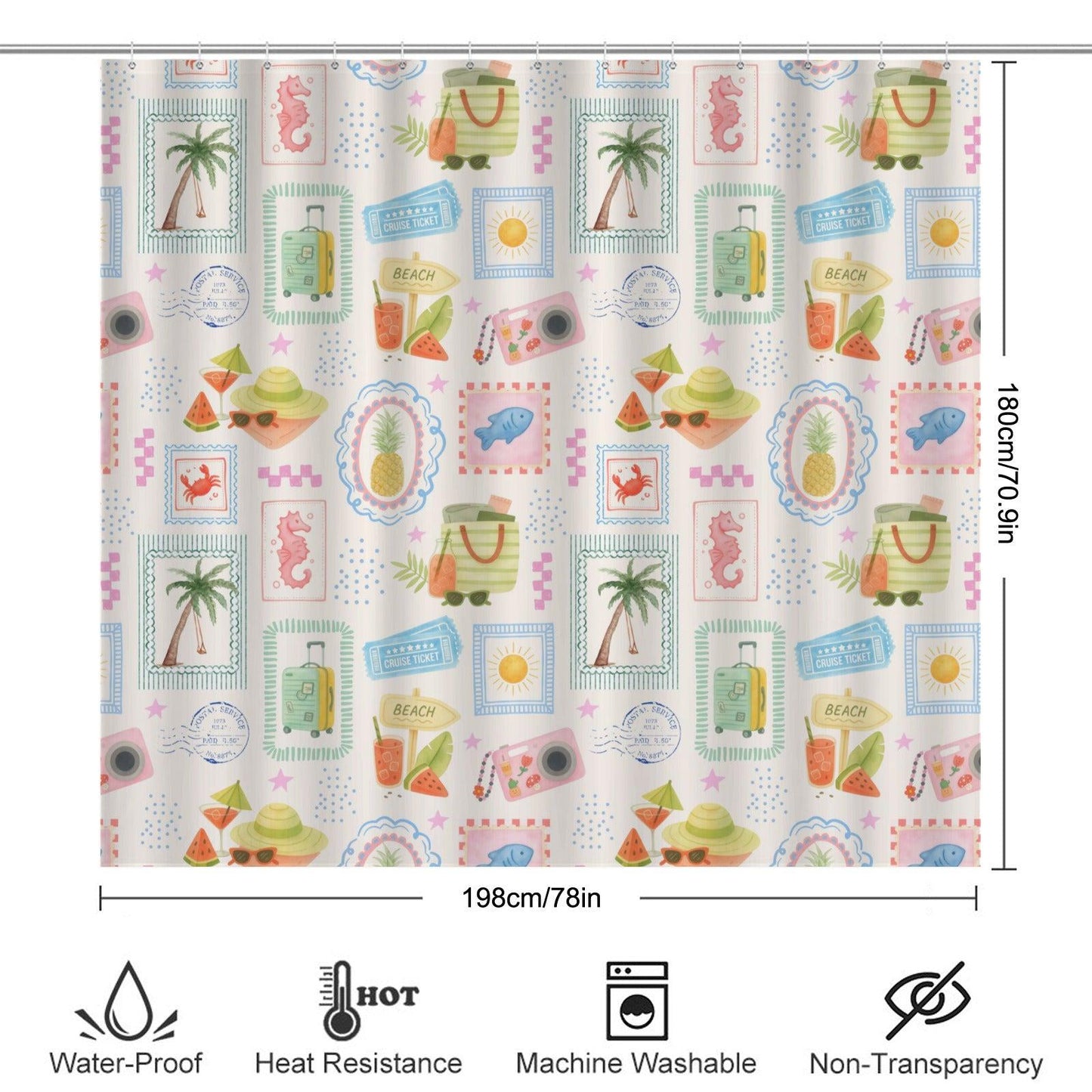 Tropical Vacation Shower Curtain, Beach Scrapbook Print, Palm Tree Cruise Decor