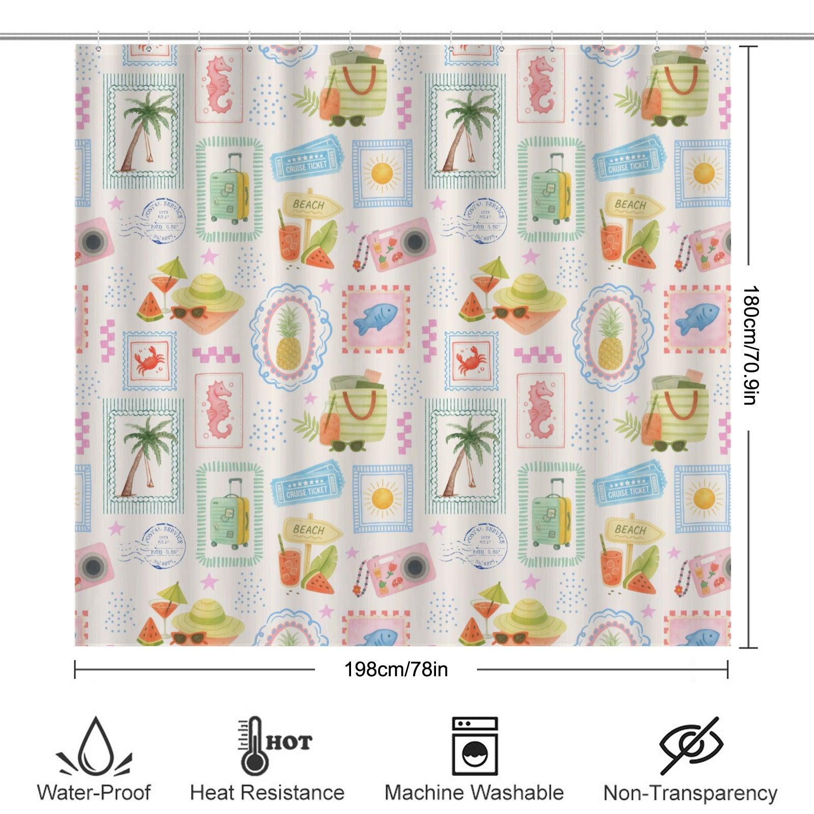 Tropical Vacation Shower Curtain, Beach Scrapbook Print, Palm Tree Cruise Decor