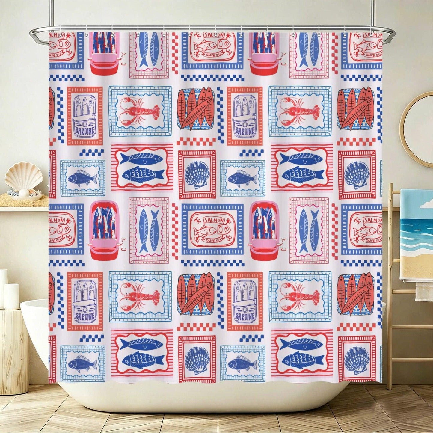 Tinned Fish Shower Curtain, Retro Seafood Market Bathroom Decor, Sardine Lobster Print