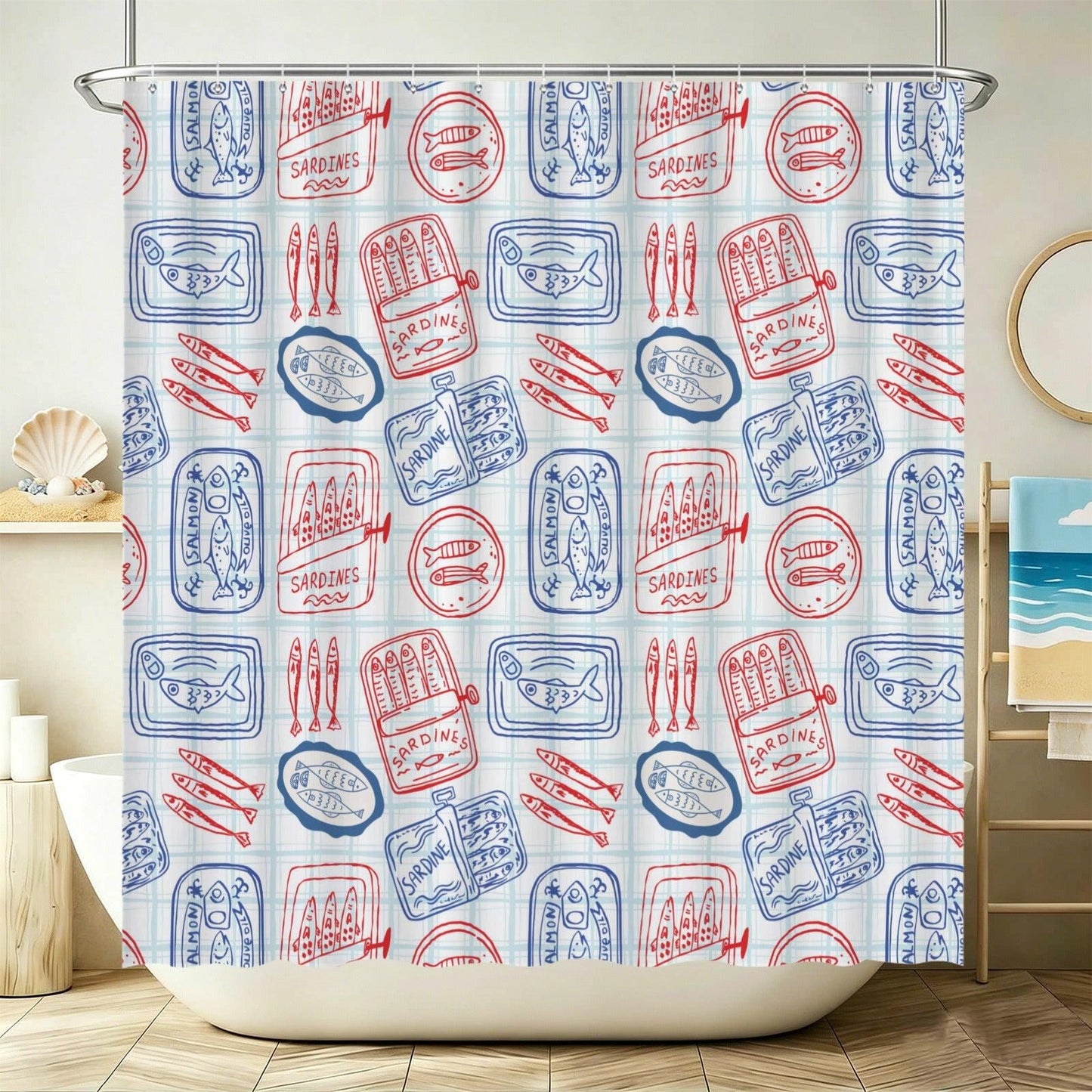 Tinned Fish Shower Curtain, Retro Seafood Bath Decor, Red Blue Coastal Print