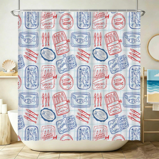 Tinned Fish Shower Curtain, Retro Seafood Bath Decor, Red Blue Coastal Print