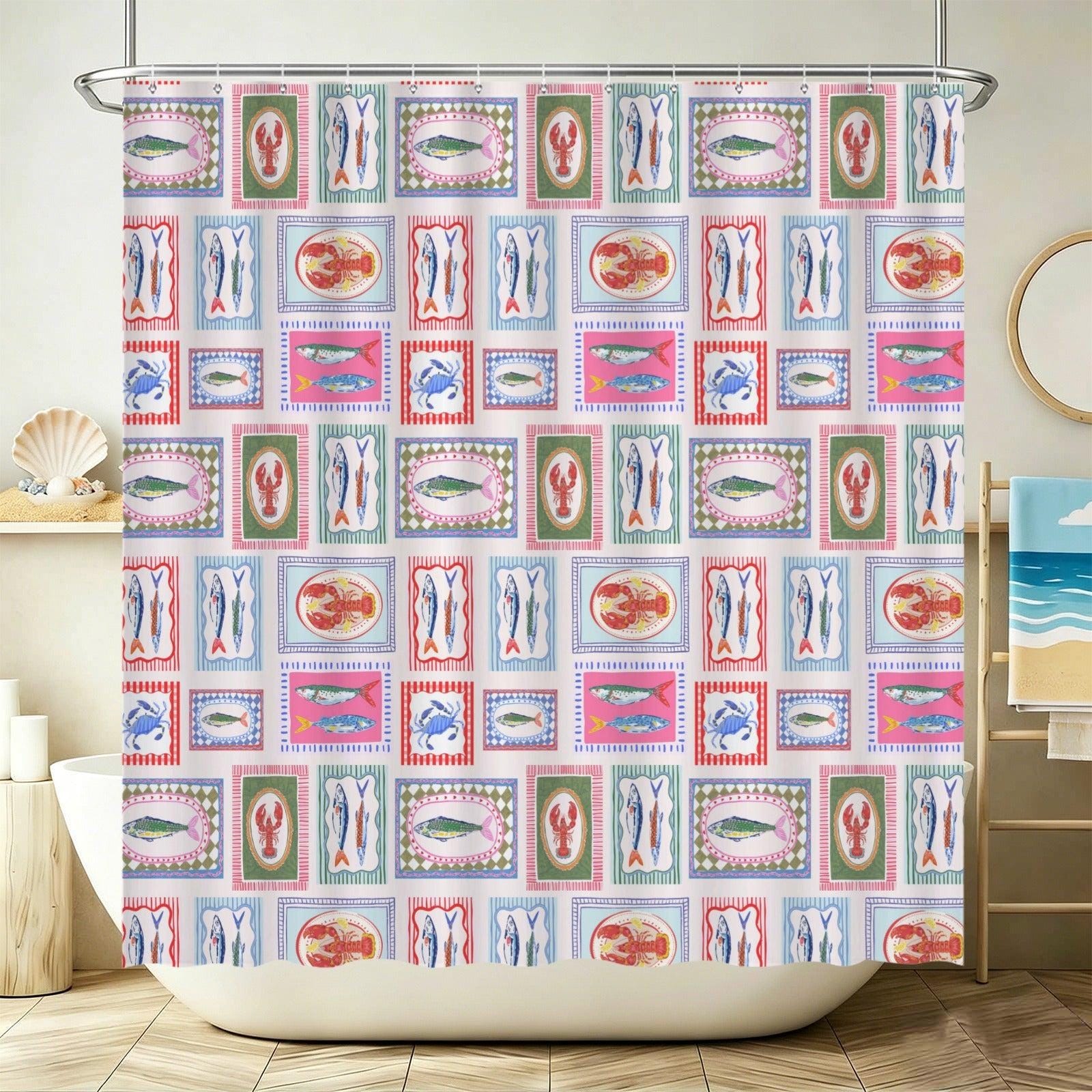 Seafood Tile Shower Curtain, Colorful Coastal Bathroom Decor, Fish Lobster Crab Bath Accent
