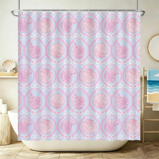 Pink Seashell Shower Curtain, Coquette Bow Pastel Coastal Bath Decor
