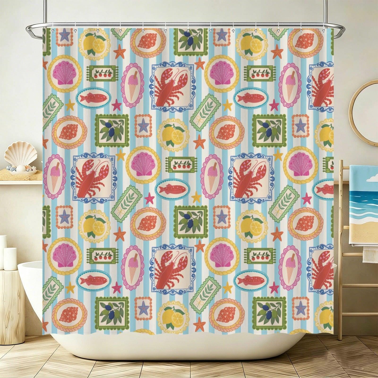 Italian Coastal Shower Curtain, Lobster Lemon Shell Mediterranean Tile Bath Decor