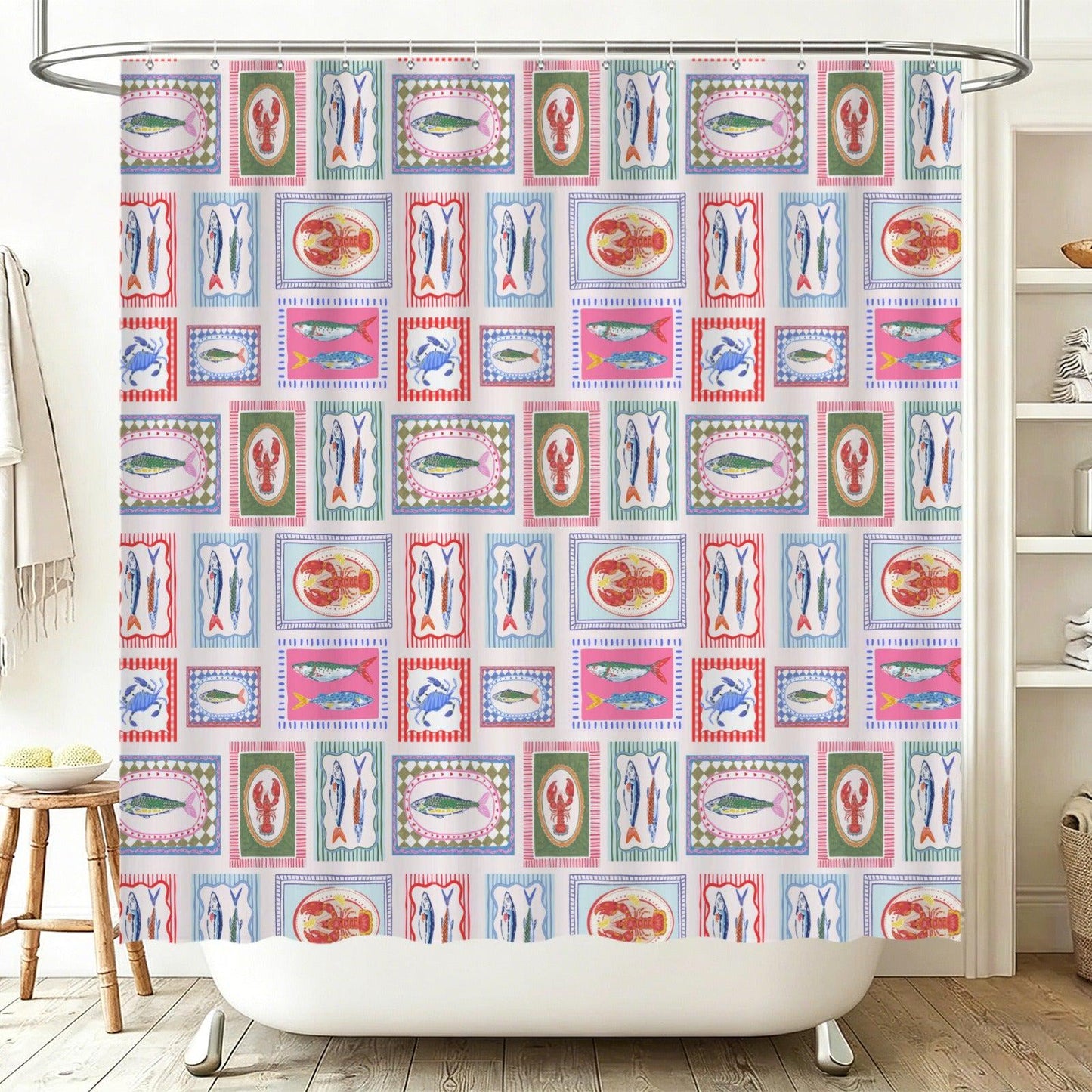 Seafood Tile Shower Curtain, Colorful Coastal Bathroom Decor, Fish Lobster Crab Bath Accent