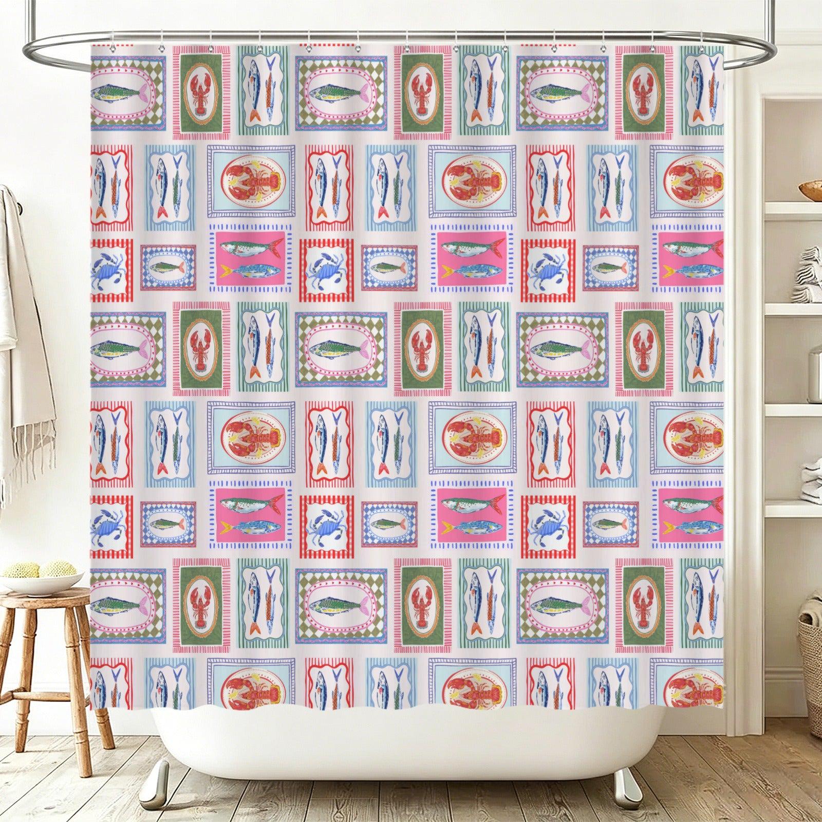 Seafood Tile Shower Curtain, Colorful Coastal Bathroom Decor, Fish Lobster Crab Bath Accent