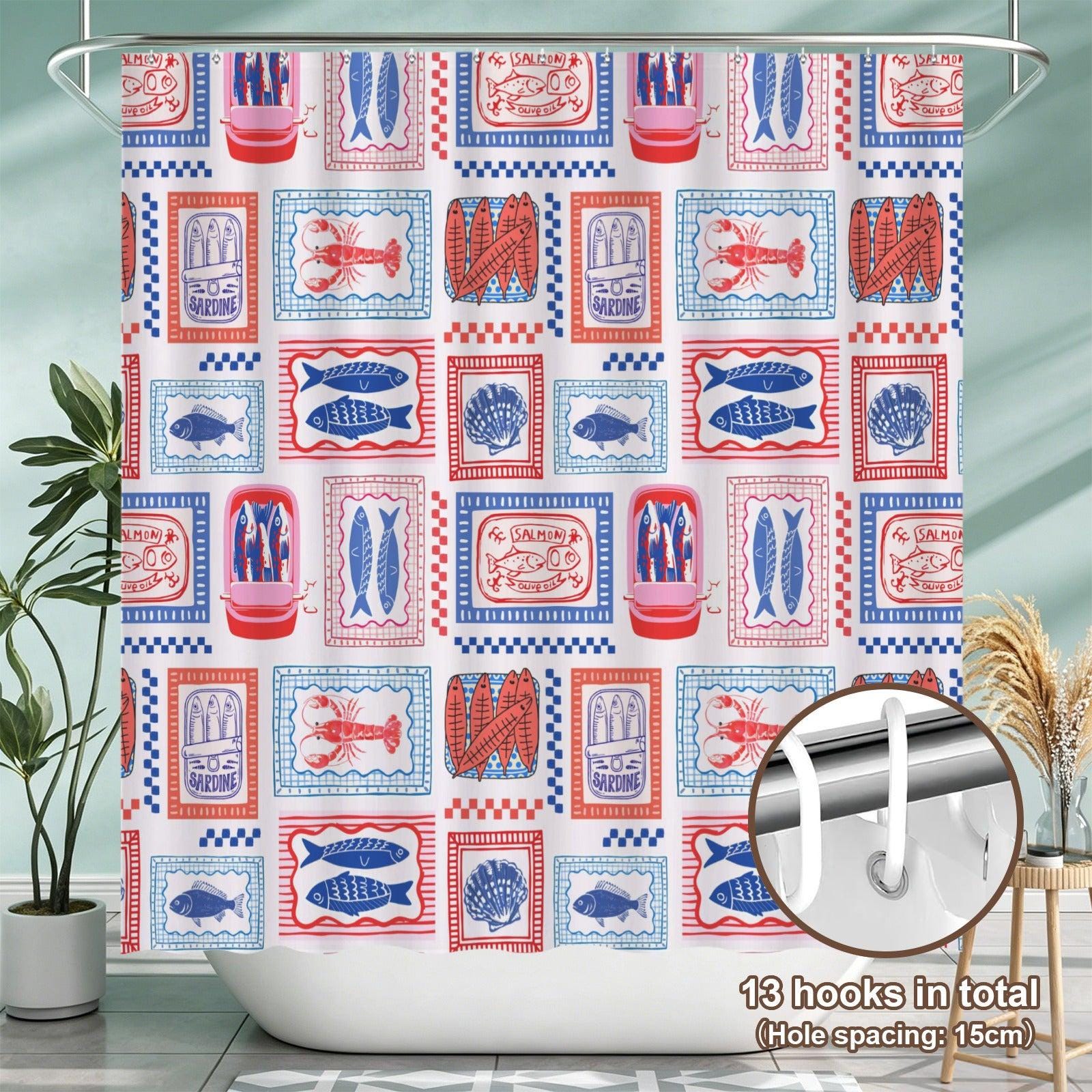 Tinned Fish Shower Curtain, Retro Seafood Market Bathroom Decor, Sardine Lobster Print