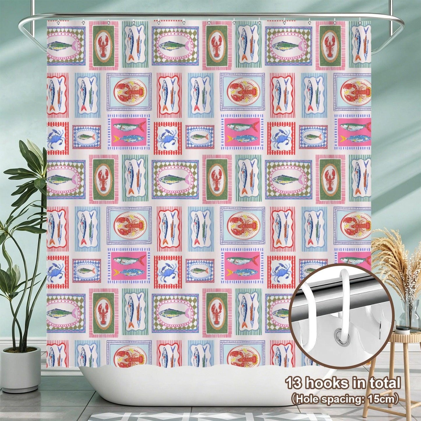 Seafood Tile Shower Curtain, Colorful Coastal Bathroom Decor, Fish Lobster Crab Bath Accent