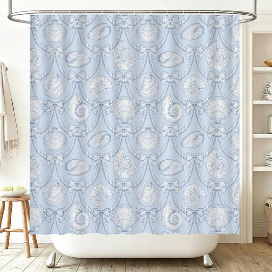 Blue Toile Seashell Shower Curtain, French Coastal Bathroom Decor, Nautical Rope Bow Bath Curtain