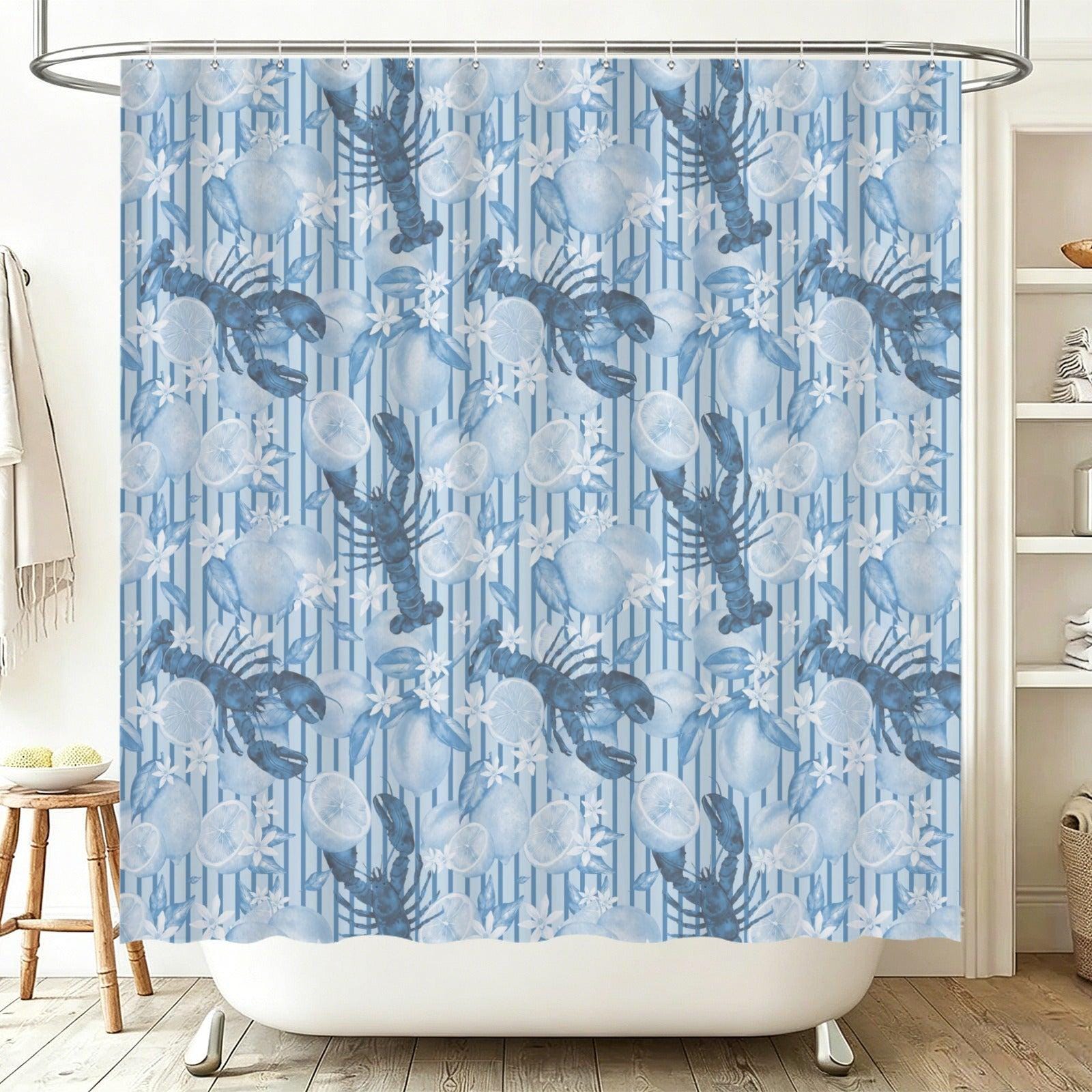 Blue Lobster Lemon Shower Curtain, Coastal Citrus Bathroom Decor, Amalfi Stripe Ocean Print