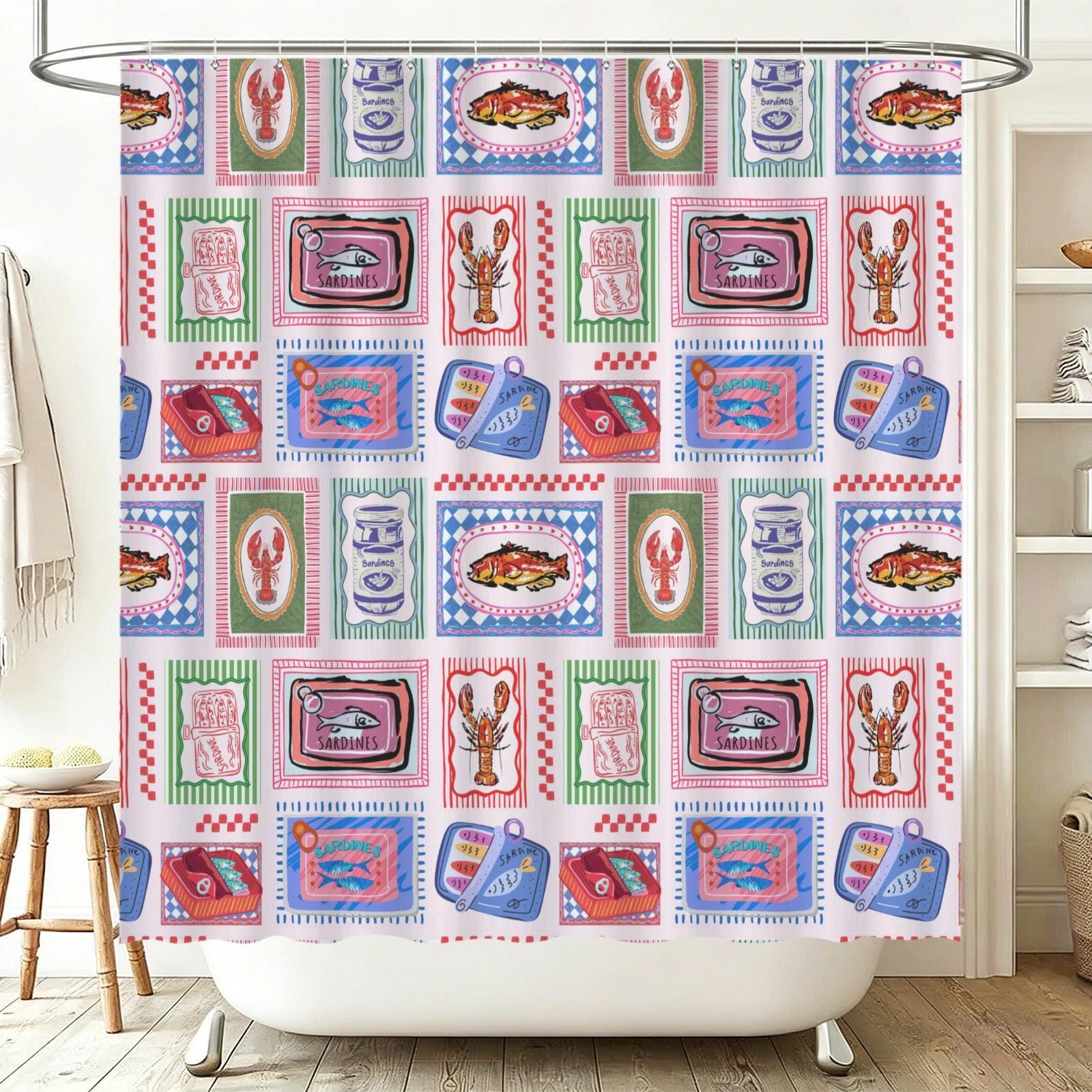 Sardine Lobster Fish Shower Curtain, Coastal Seafood Bathroom Decor