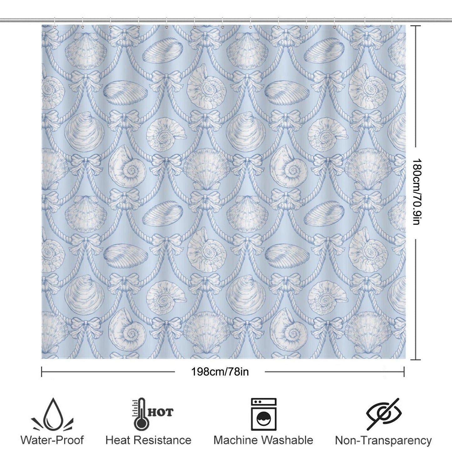 Blue Toile Seashell Shower Curtain, French Coastal Bathroom Decor, Nautical Rope Bow Bath Curtain