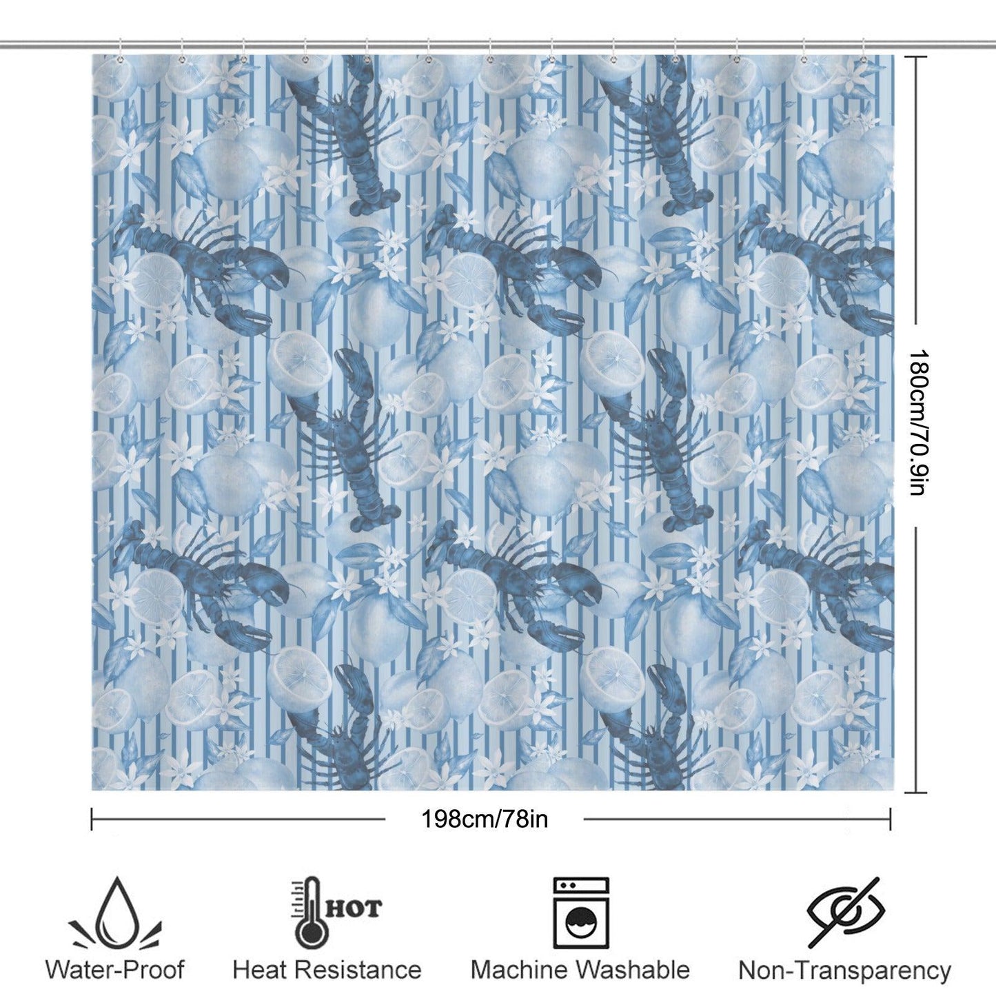 Blue Lobster Lemon Shower Curtain, Coastal Citrus Bathroom Decor, Amalfi Stripe Ocean Print