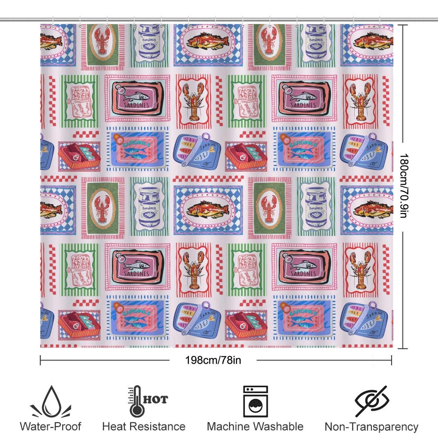 Sardine Lobster Fish Shower Curtain, Coastal Seafood Bathroom Decor
