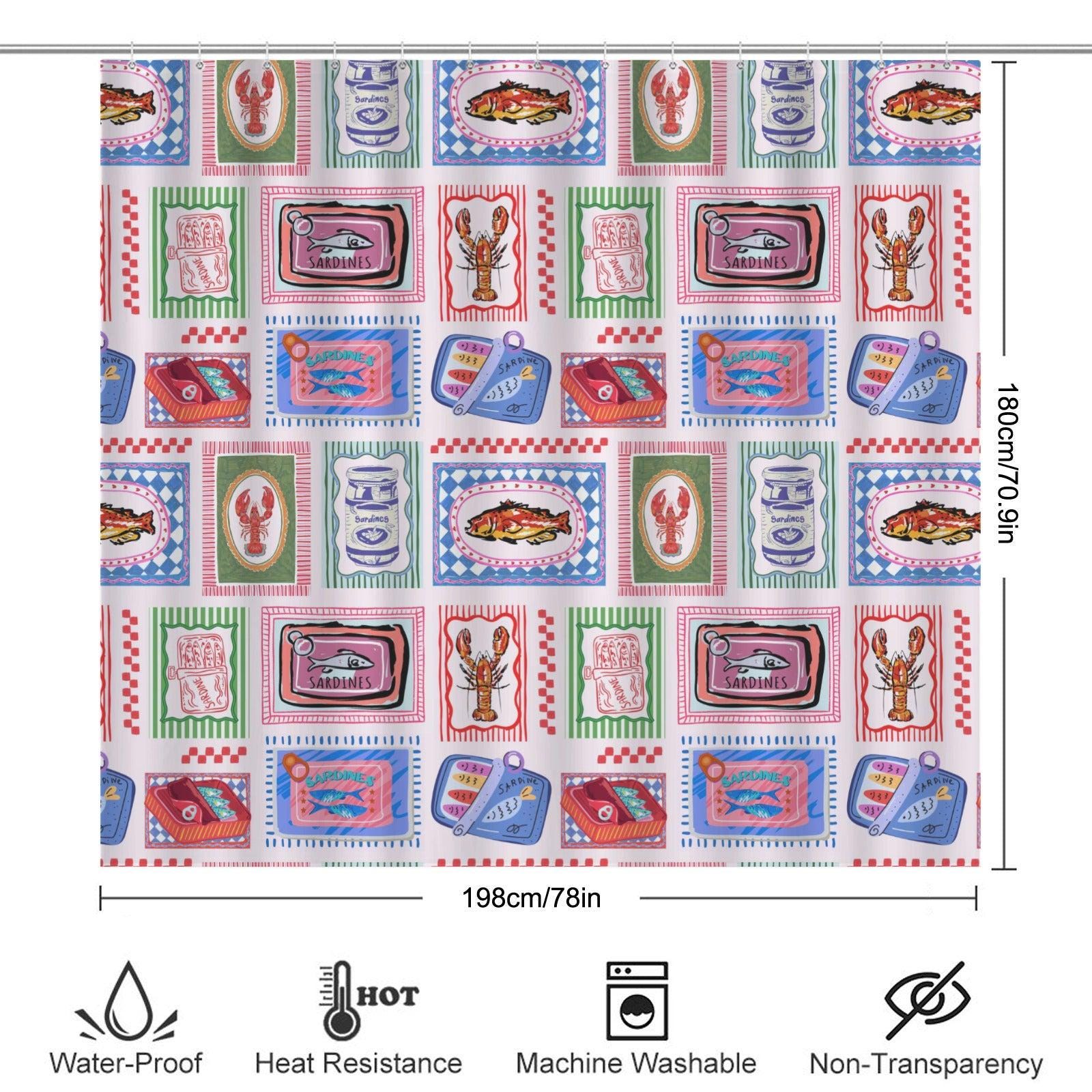 Sardine Lobster Fish Shower Curtain, Coastal Seafood Bathroom Decor