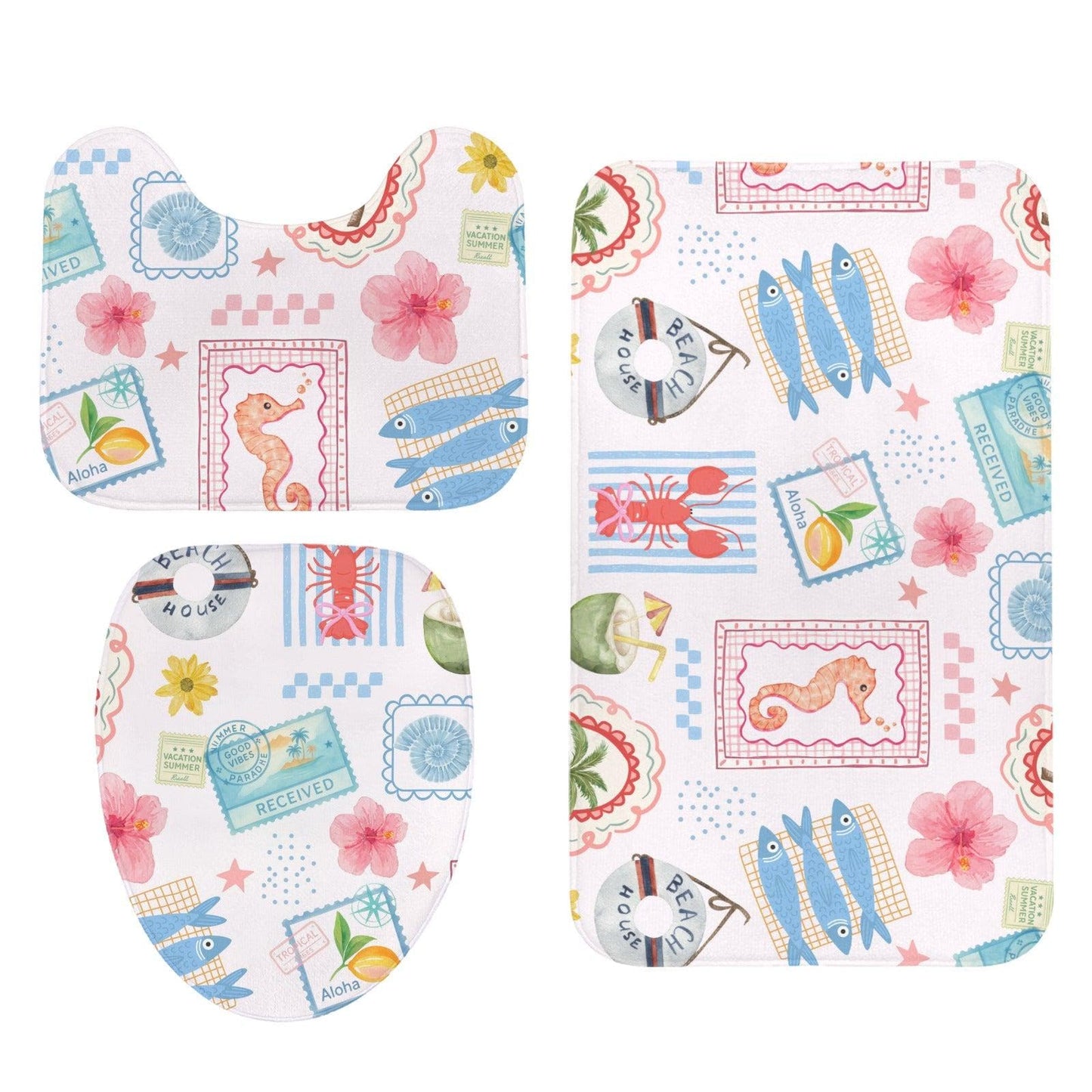11Coastal Bathroom Rug Set, Tropical Beach Bath Mat and Toilet Cover, Seahorse Fish Print Restroom Decor, Vacation House Accent